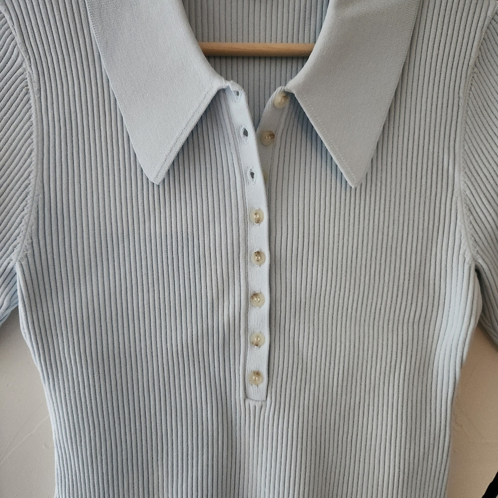 A.L.C. Pale Blue Ribbed Short Sleeve Polo Bodysuit - Picture 6 of 10